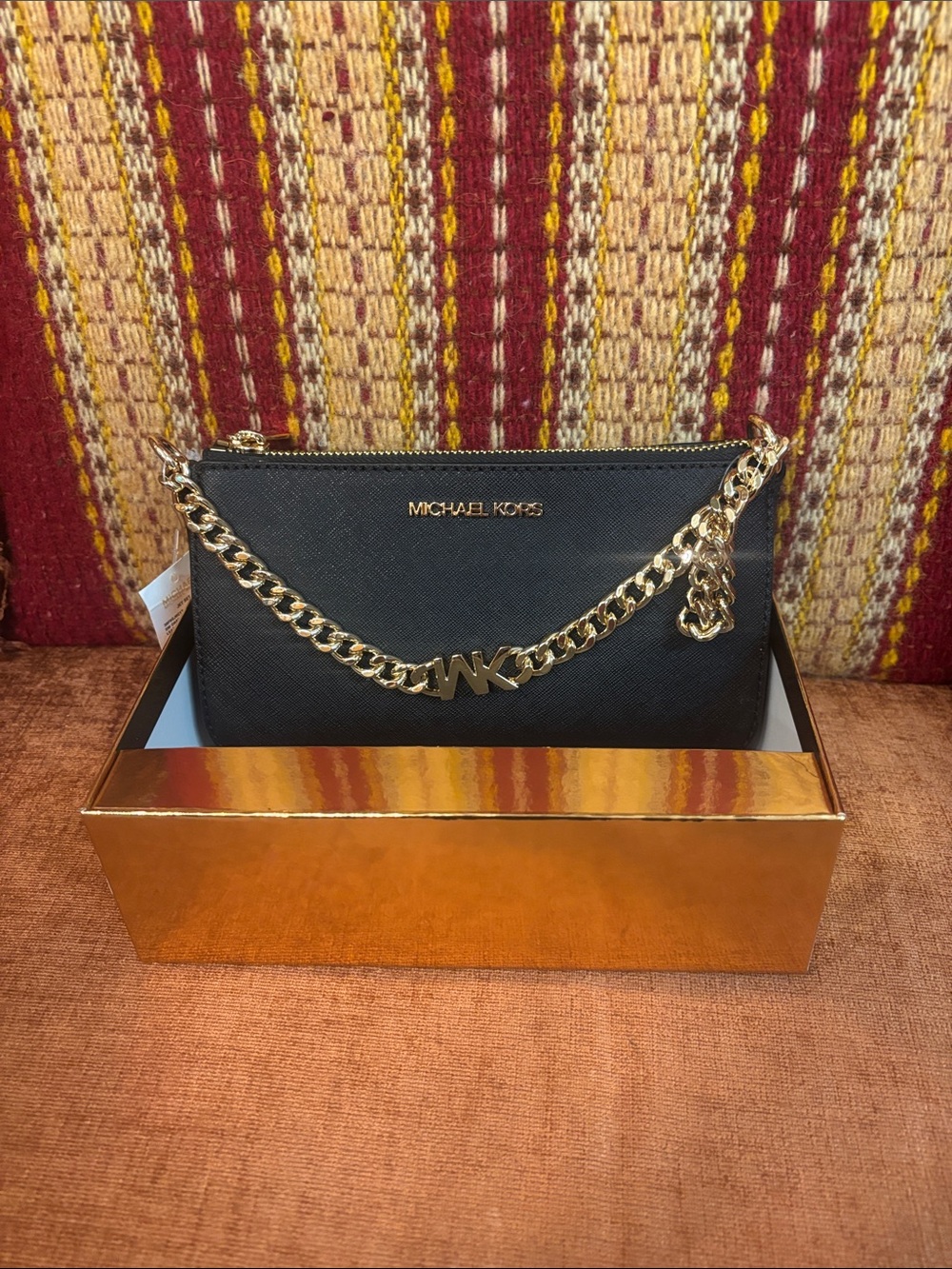 Michael Kors Black Small Chain Pouchette Leather Wristlet with Gold Chain NIB